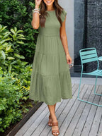 Women's Sleeveless Smocked Midi Dress with Flutter Sleeves and A-Line Skirt 11