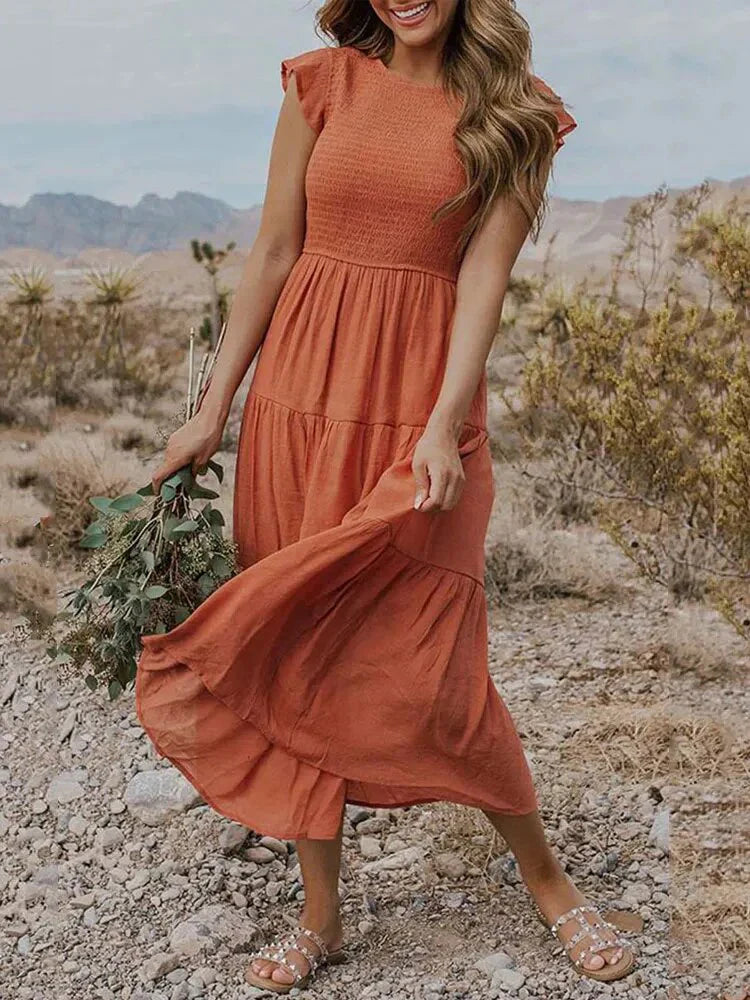 Women's Sleeveless Smocked Midi Dress with Flutter Sleeves and A-Line Skirt 2
