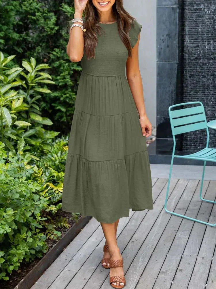 Women's Sleeveless Smocked Midi Dress with Flutter Sleeves and A-Line Skirt 3