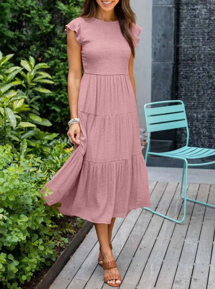 Women's Sleeveless Smocked Midi Dress with Flutter Sleeves and A-Line Skirt 4