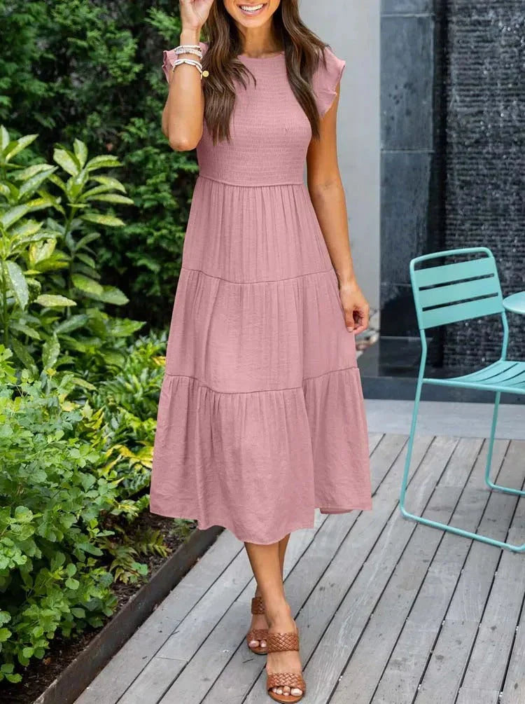 Women's Sleeveless Smocked Midi Dress with Flutter Sleeves and A-Line Skirt 5