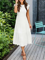 Women's Sleeveless Smocked Midi Dress with Flutter Sleeves and A-Line Skirt 6