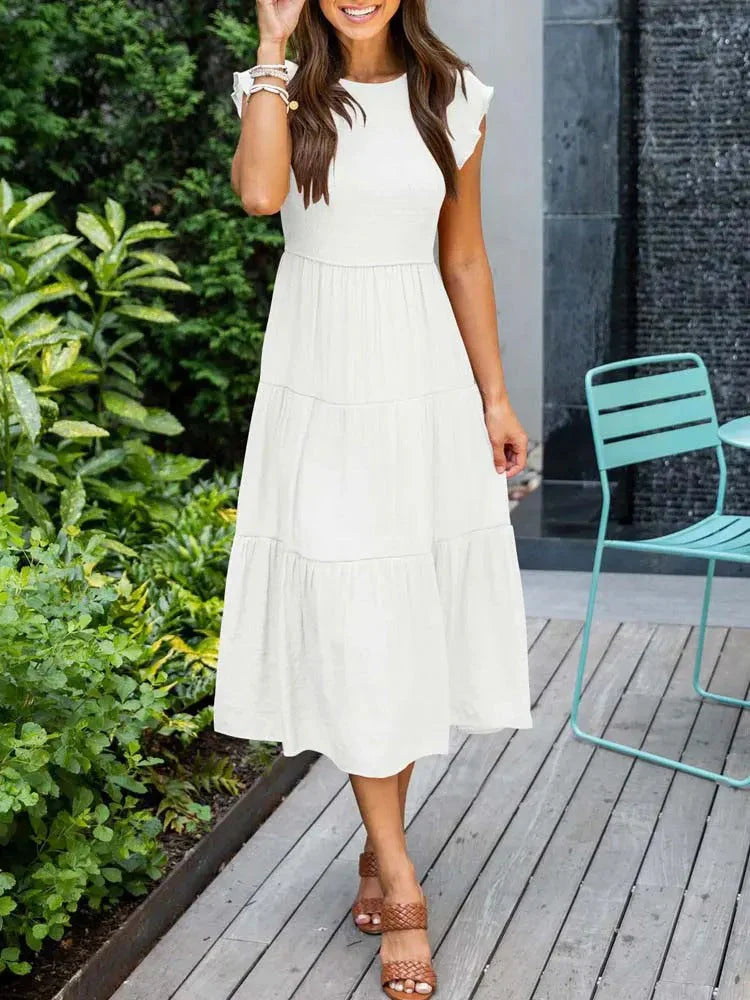 Women's Sleeveless Smocked Midi Dress with Flutter Sleeves and A-Line Skirt 6