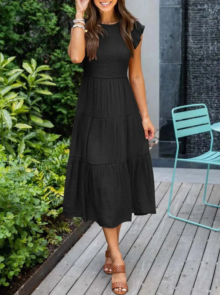 Women's Sleeveless Smocked Midi Dress with Flutter Sleeves and A-Line Skirt 7