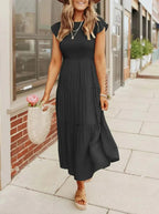 Women's Sleeveless Smocked Midi Dress with Flutter Sleeves and A-Line Skirt 8