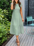 Women's Sleeveless Smocked Midi Dress with Flutter Sleeves and A-Line Skirt 9