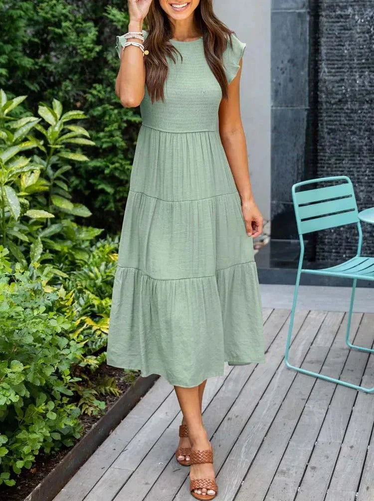 Women's Sleeveless Smocked Midi Dress with Flutter Sleeves and A-Line Skirt 9