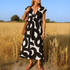 Women's Sleeveless V-Neck A-Line Midi Dress with Abstract Print 1