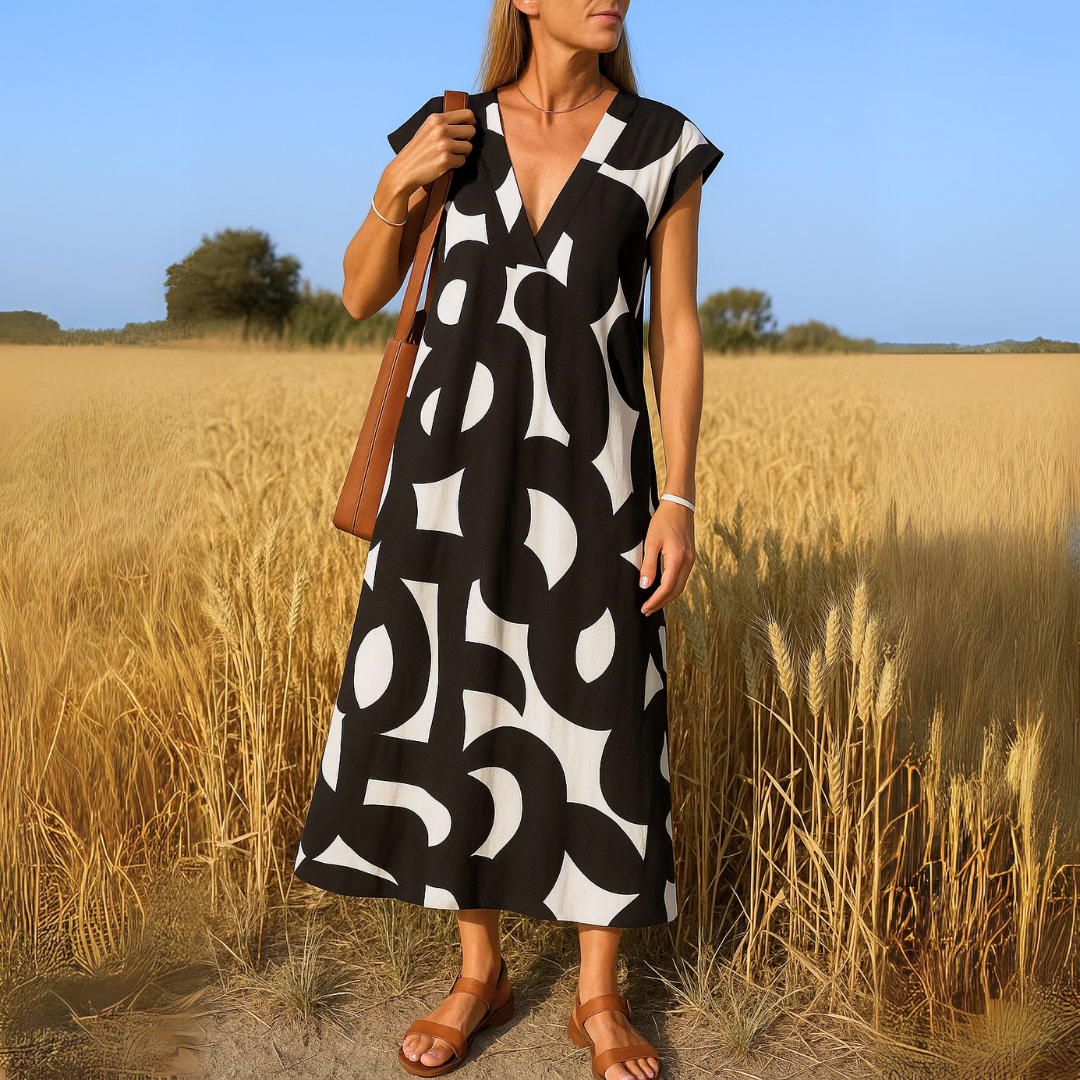 Women's Sleeveless V-Neck A-Line Midi Dress with Abstract Print 1