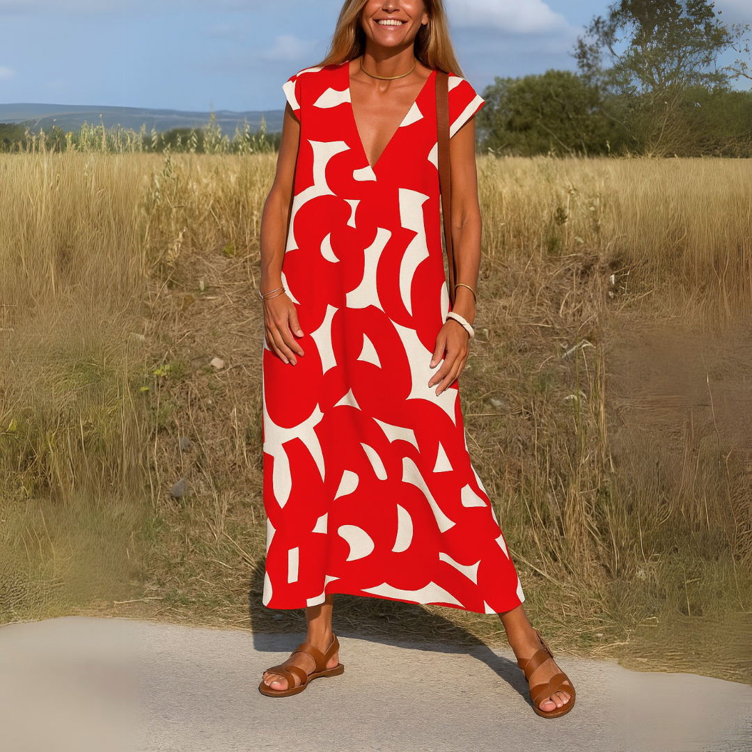 Women's Sleeveless V-Neck A-Line Midi Dress with Abstract Print 5