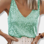 Women's Sleeveless V-Neck Sequin Top Hip Length 1