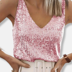 Women's Sleeveless V-Neck Sequin Top Hip Length 2