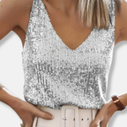 Women's Sleeveless V-Neck Sequin Top Hip Length 3