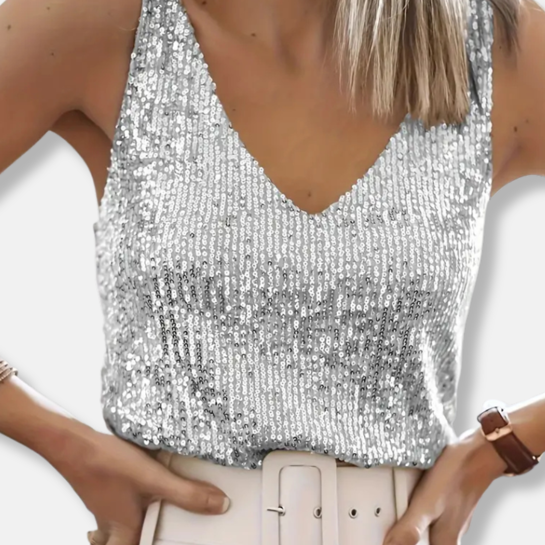 Women's Sleeveless V-Neck Sequin Top Hip Length 3