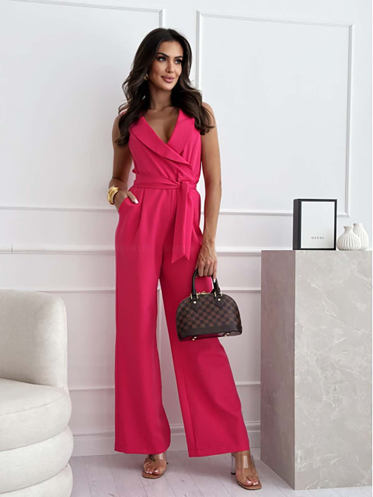 Women's Sleeveless V-Neck Wrap Jumpsuit with Adjustable Belt 7