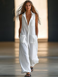 Women's Sleeveless Wide Leg Jumpsuit with Button Front and Side Pockets 1