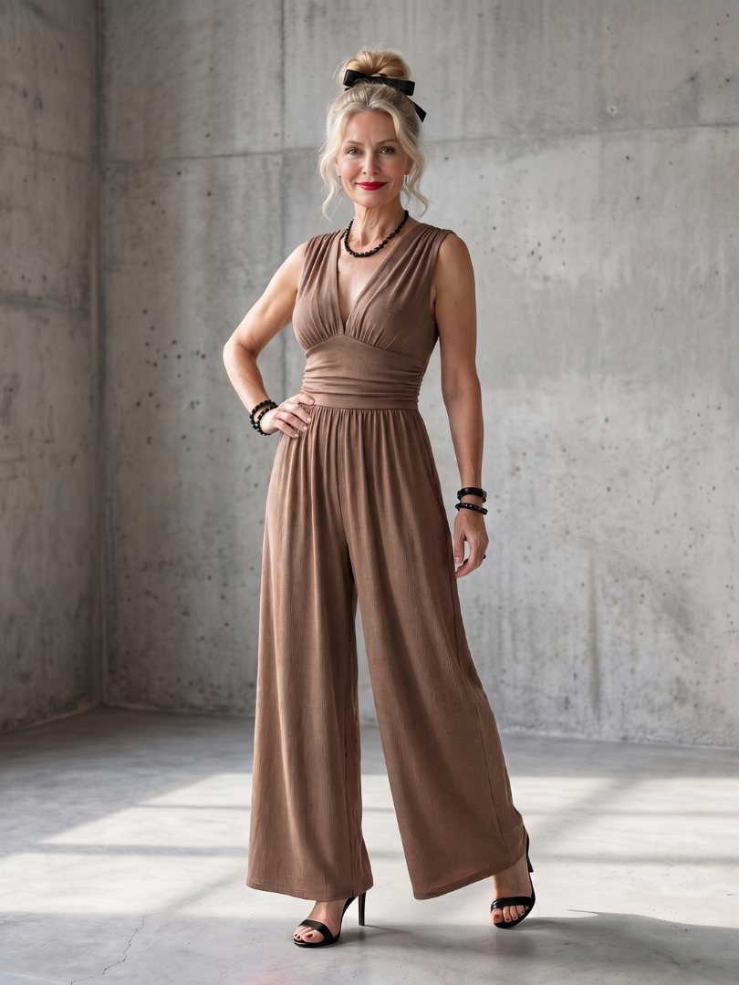 Women's Sleeveless Wide-Leg Jumpsuit with Deep V-Neck 8