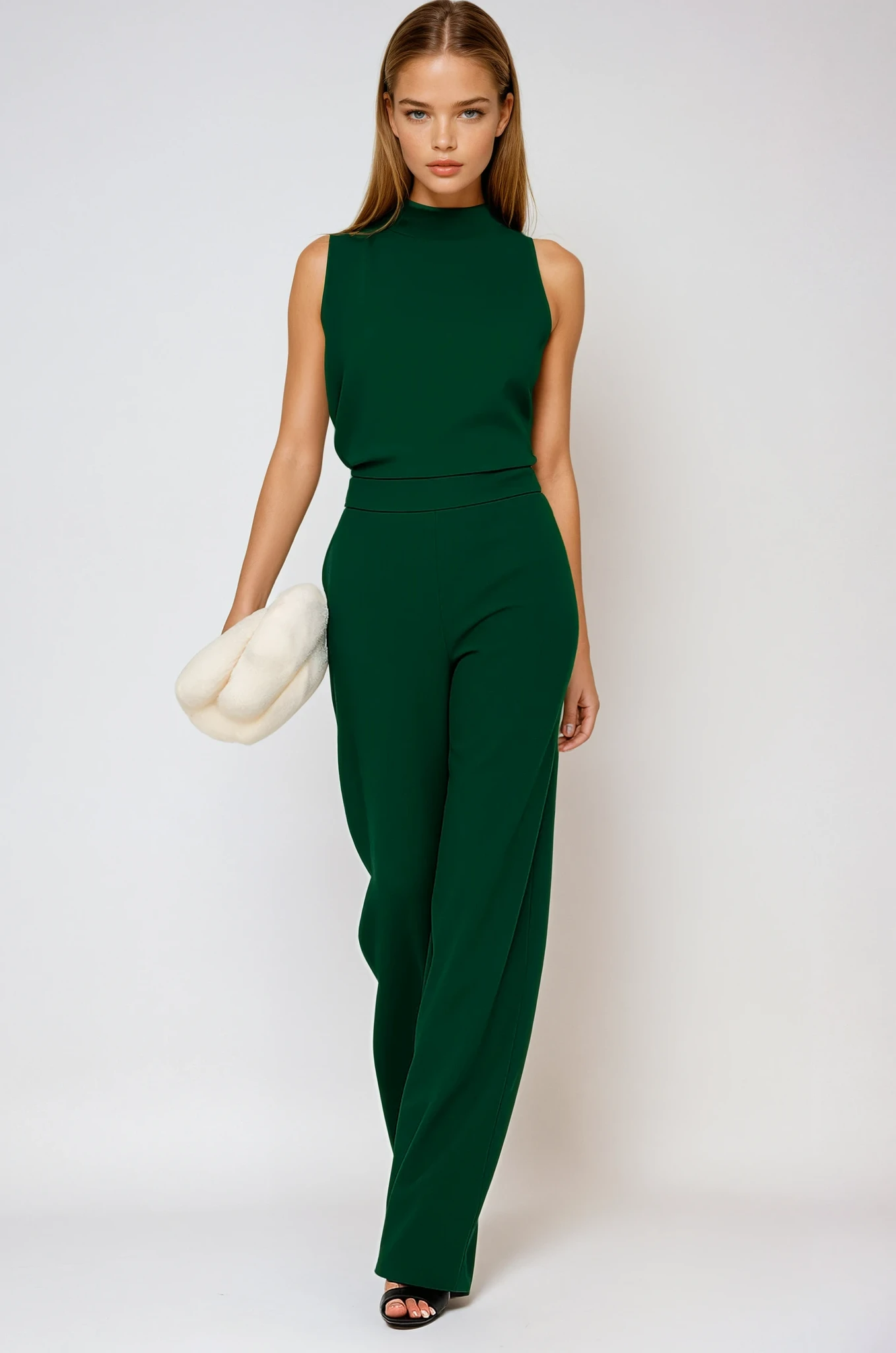 Women's Sleeveless Wide Leg Jumpsuit with Mock Neck and Tailored Waist 1