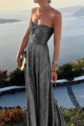 Women's Strapless A-Line Evening Gown with Pleated Metallic Finish 1