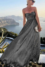 Women's Strapless A-Line Evening Gown with Pleated Metallic Finish 2