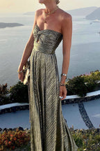 Women's Strapless A-Line Evening Gown with Pleated Metallic Finish 3