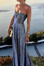 Women's Strapless A-Line Evening Gown with Pleated Metallic Finish 4