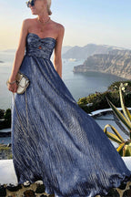 Women's Strapless A-Line Evening Gown with Pleated Metallic Finish 5