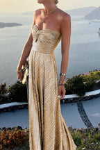 Women's Strapless A-Line Evening Gown with Pleated Metallic Finish 8