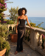 Women's Strapless Corset Bodice Maxi Dress with Draped Waist 4