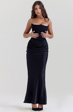 Women's Strapless Corset Bodice Maxi Dress with Draped Waist 7