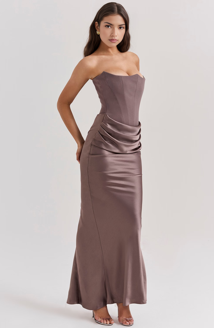 Women's Strapless Corset Bodice Maxi Dress with Draped Waist 8