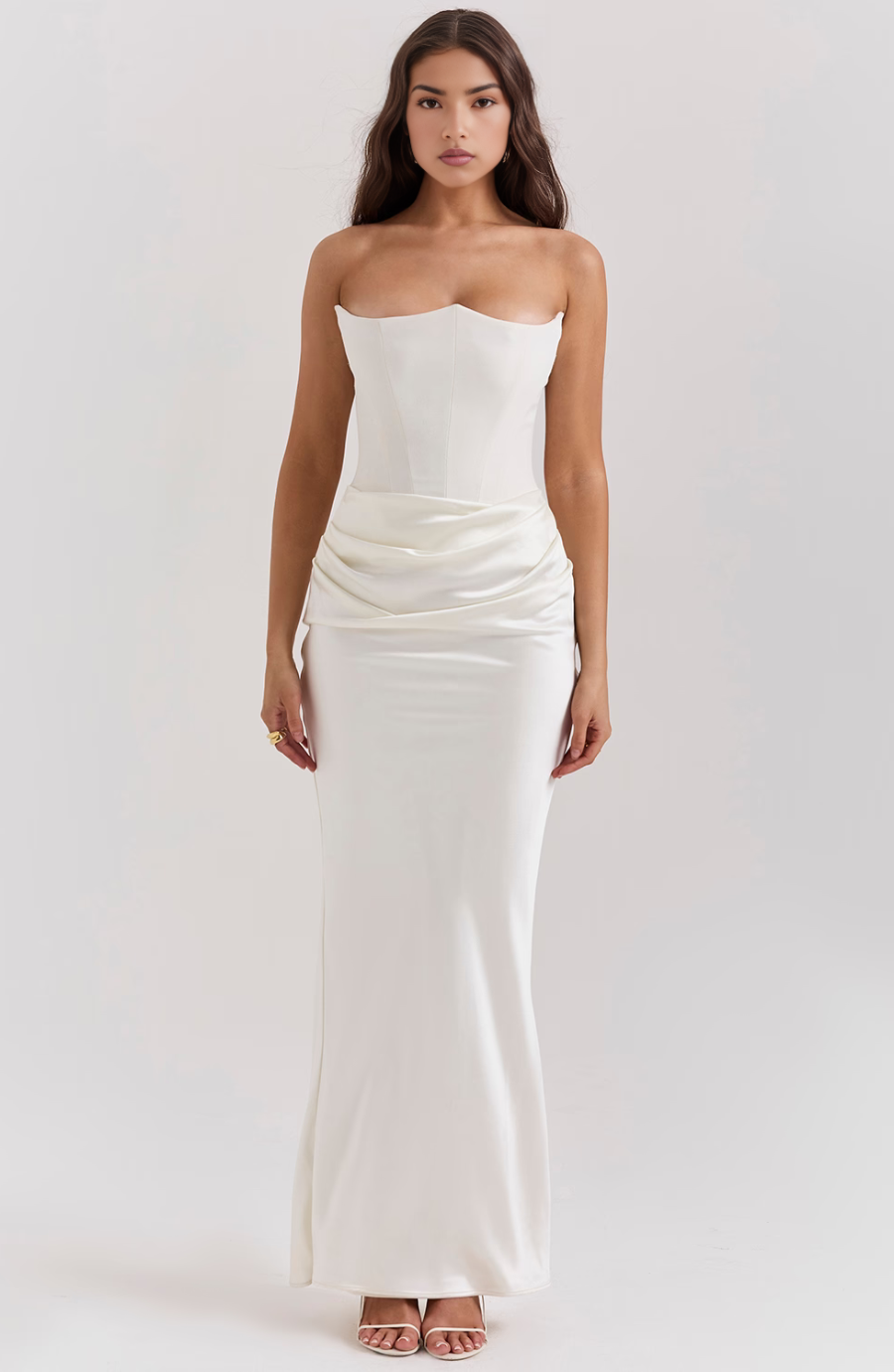 Women's Strapless Corset Bodice Maxi Dress with Draped Waist 9