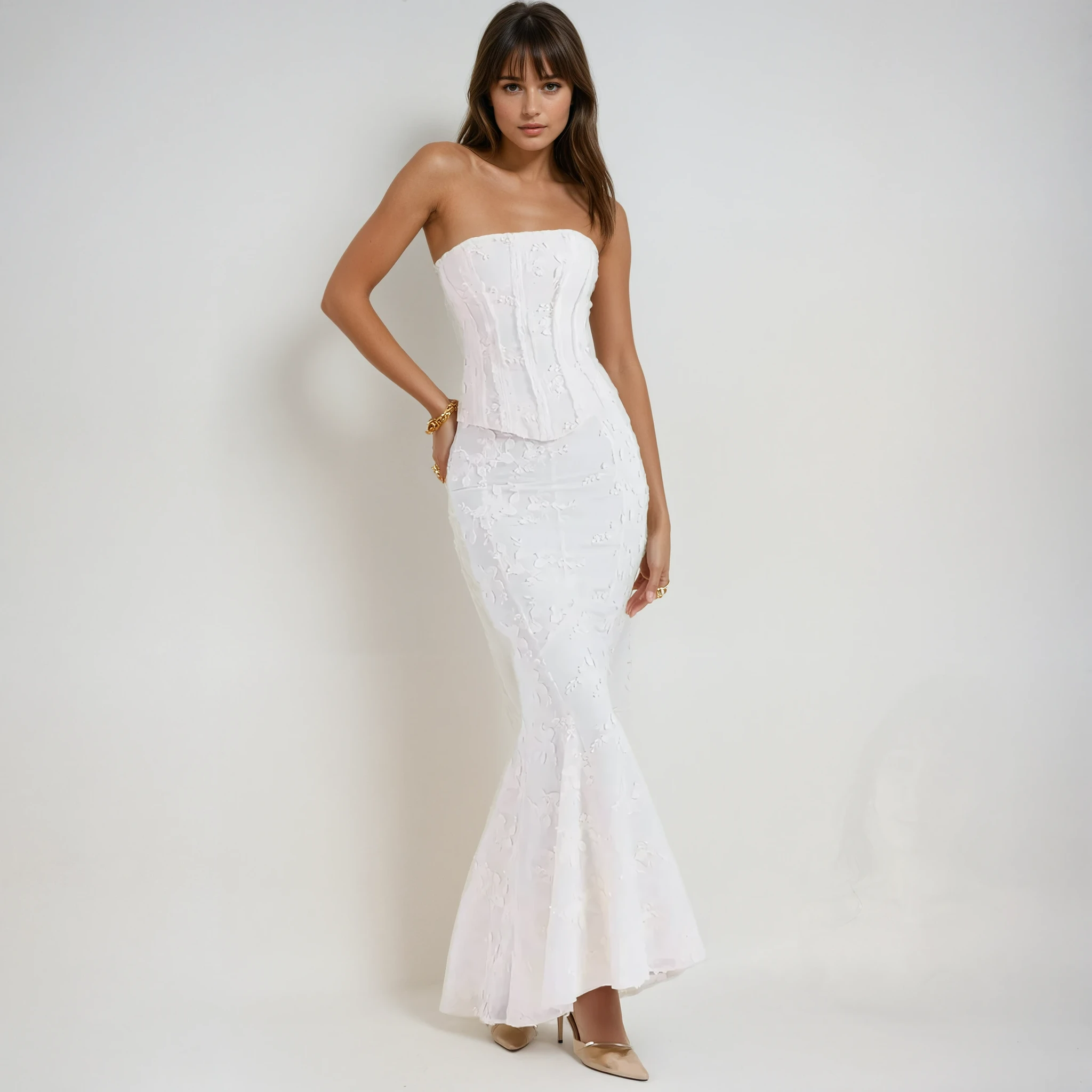 Women's Strapless Maxi Dress with Embroidered Details and Corset Bodice 1