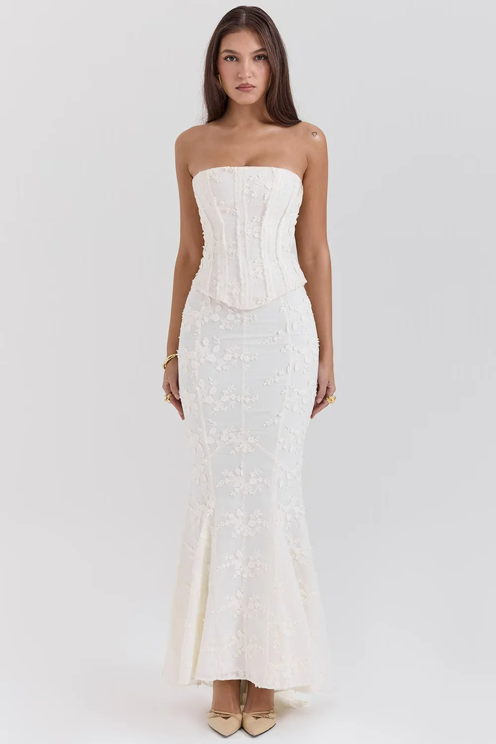 Women's Strapless Maxi Dress with Embroidered Details and Corset Bodice 2
