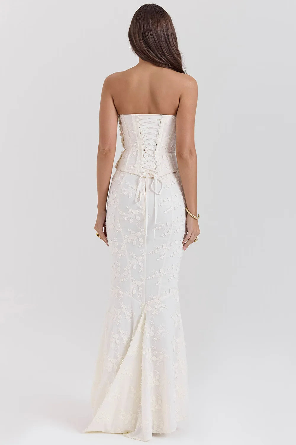 Women's Strapless Maxi Dress with Embroidered Details and Corset Bodice 5