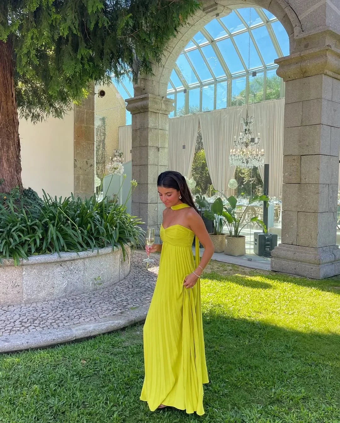 Women's Strapless Pleated Maxi Dress in Yellow 1