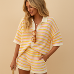 Women's Striped Button-Up Blouse and High-Waist Shorts Set 1