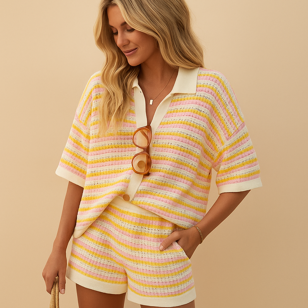 Women's Striped Button-Up Blouse and High-Waist Shorts Set 1