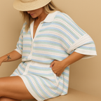 Women's Striped Button-Up Blouse and High-Waist Shorts Set 2