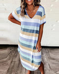 Women's Striped V-Neck Midi Dress with Asymmetrical Hem 2