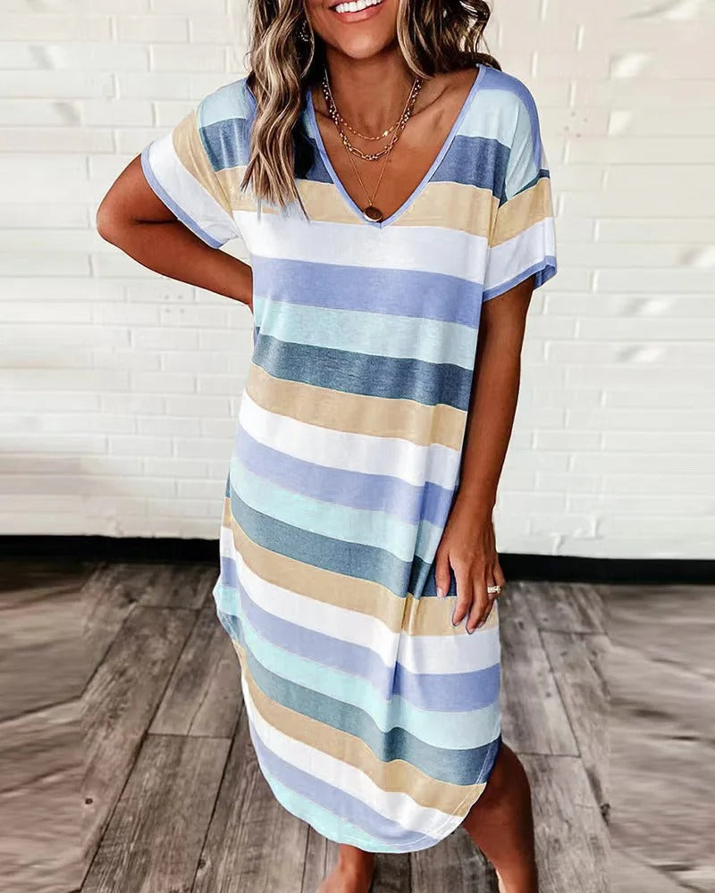 Women's Striped V-Neck Midi Dress with Asymmetrical Hem 2