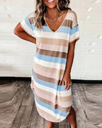 Women's Striped V-Neck Midi Dress with Asymmetrical Hem 3