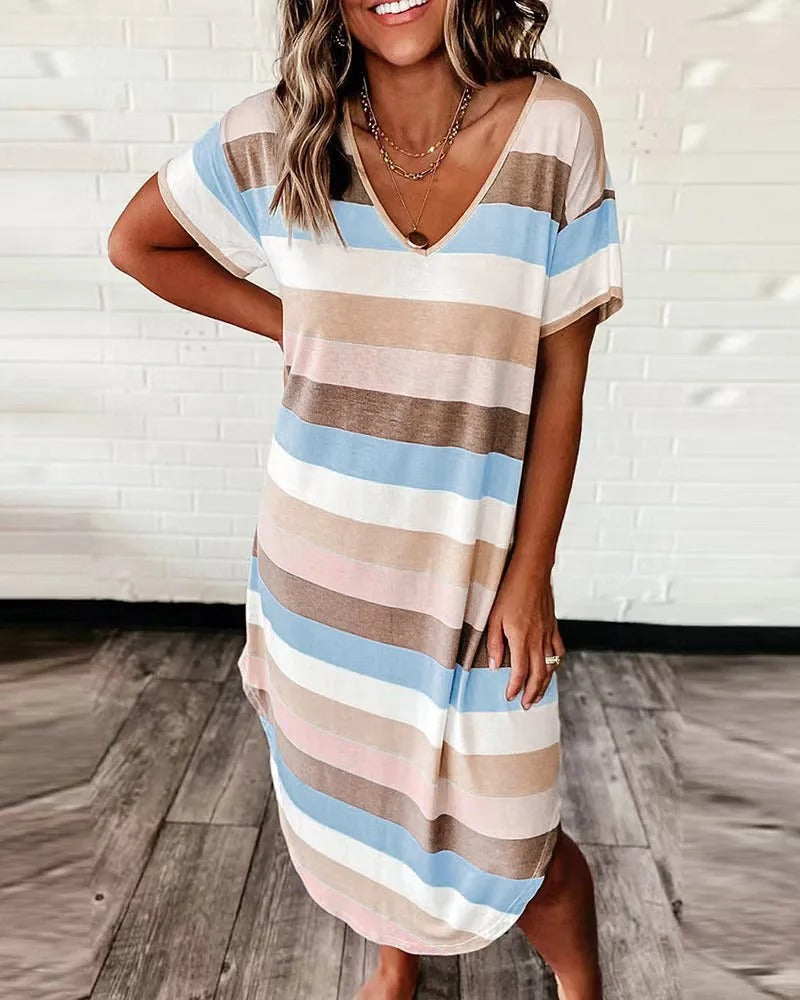 Women's Striped V-Neck Midi Dress with Asymmetrical Hem 3