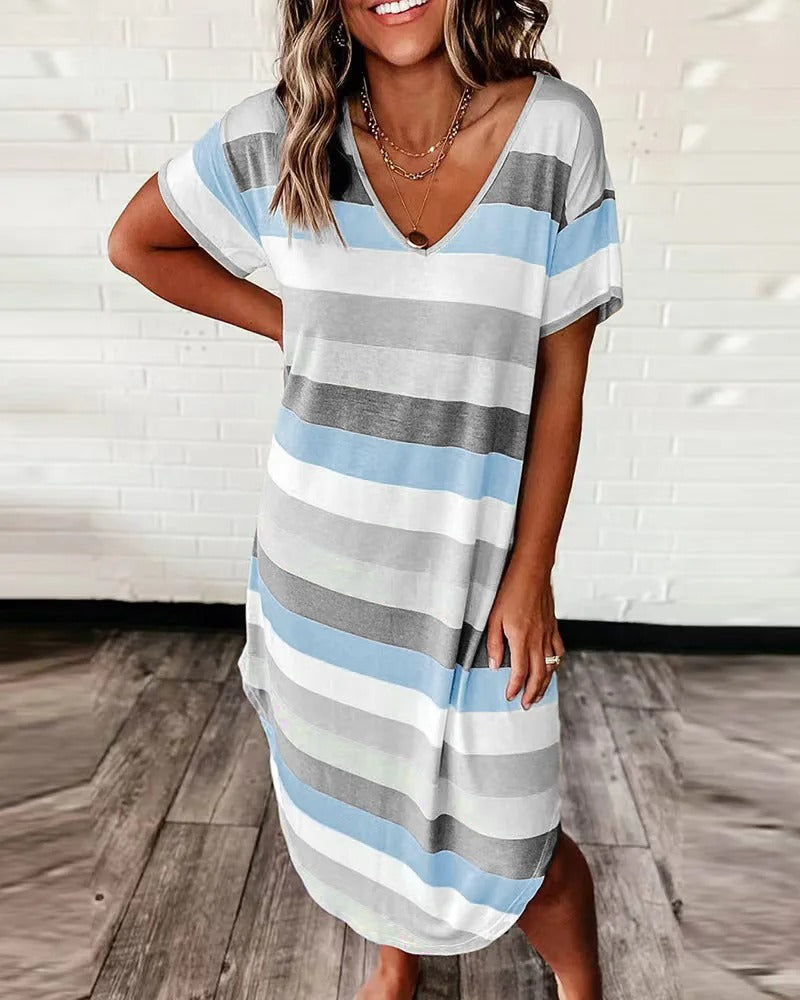 Women's Striped V-Neck Midi Dress with Asymmetrical Hem 4