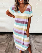 Women's Striped V-Neck Midi Dress with Asymmetrical Hem 5