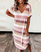 Women's Striped V-Neck Midi Dress with Asymmetrical Hem 6