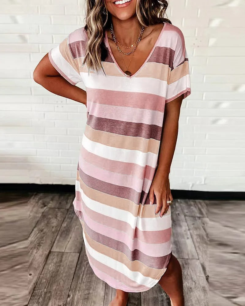 Women's Striped V-Neck Midi Dress with Asymmetrical Hem 6