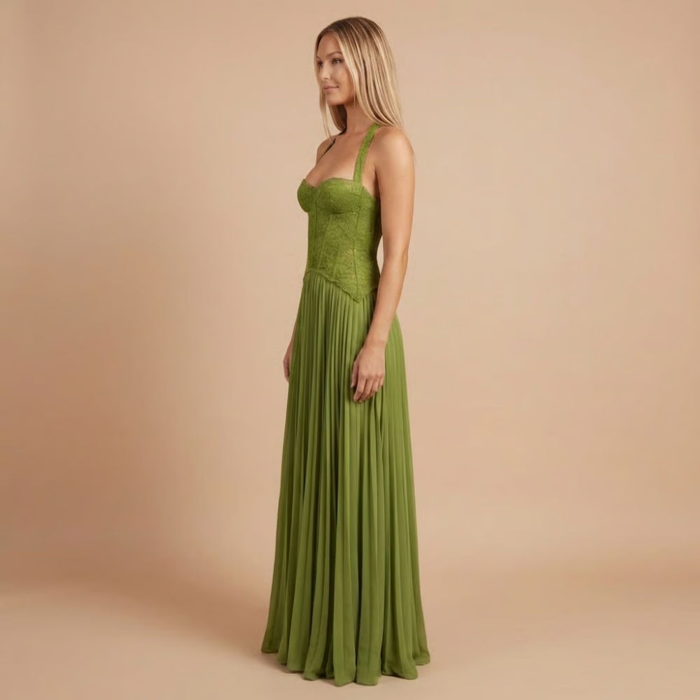 Women's Sweetheart Neckline Pleated Maxi Dress with Lace-Up Back 2