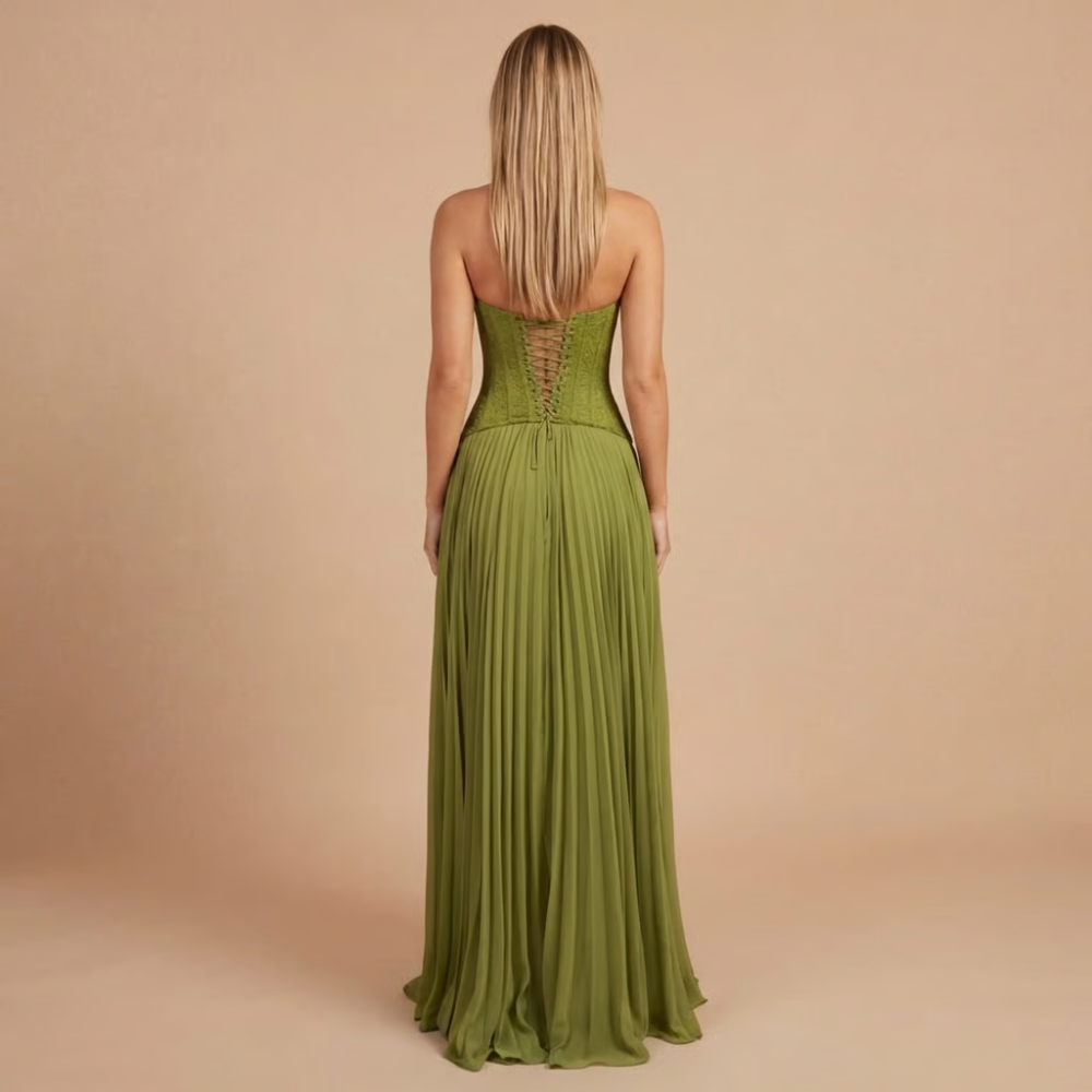Women's Sweetheart Neckline Pleated Maxi Dress with Lace-Up Back 3