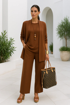 Women's Three Piece Matching Set with Open Front Cardigan and Wide Leg Trousers 10